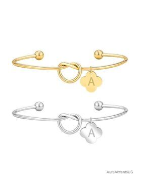 316L Stainless Steel Initial Bracelet Set Knot Cuff Bangle Letter Charm Jewelry